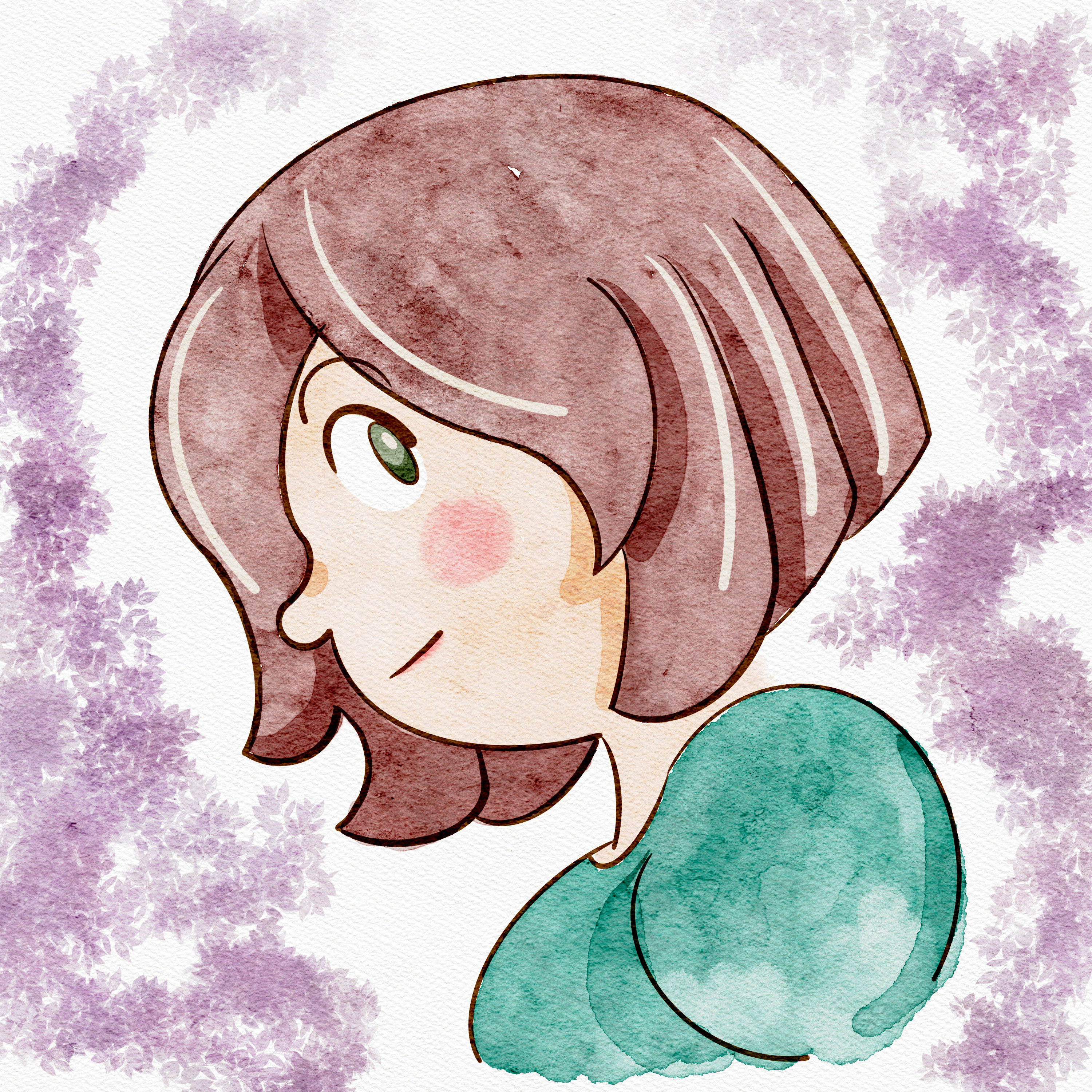 Digital watercolor illustration of a girl with bobbed hair surrounded by lilac blooms