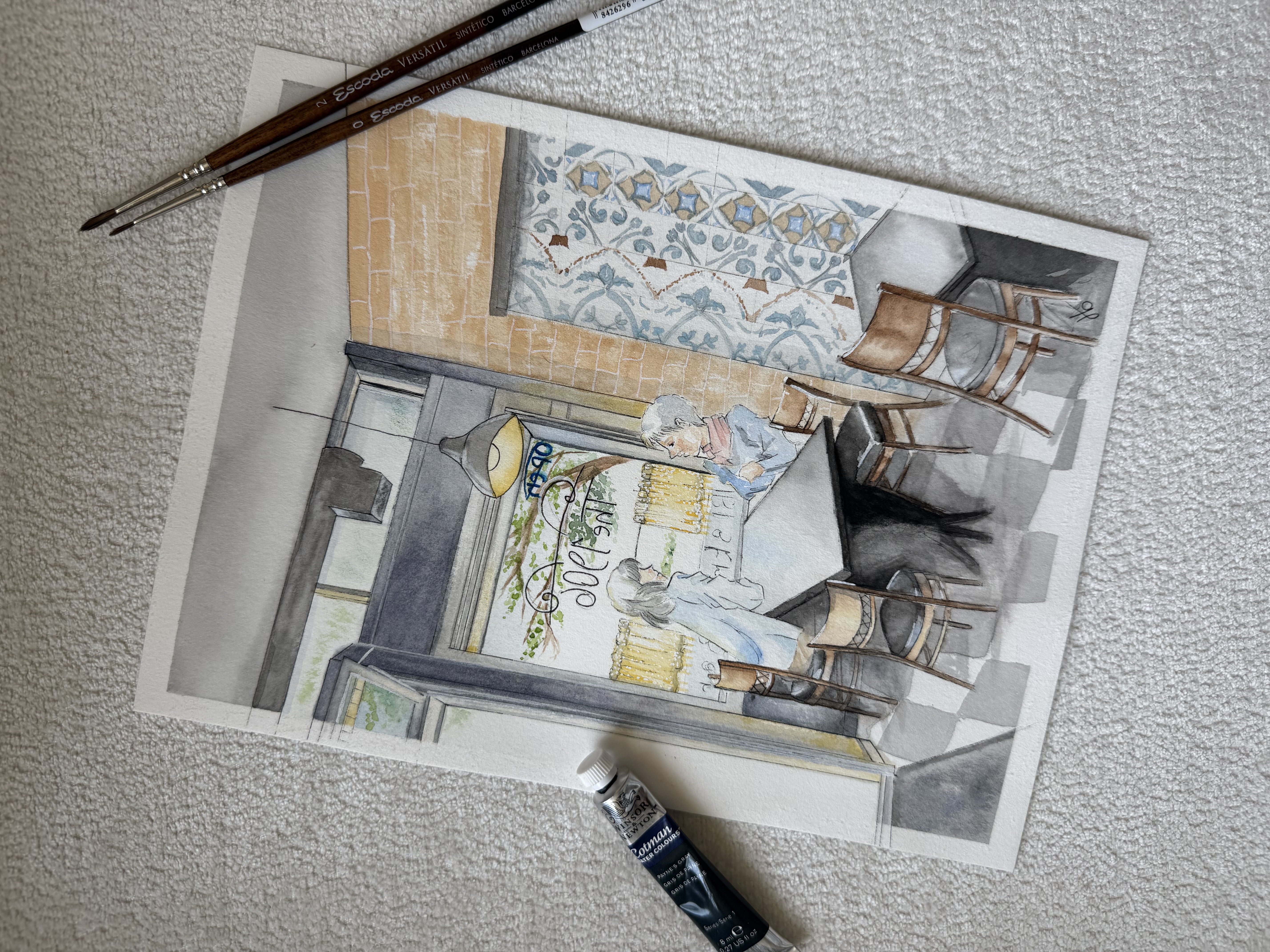Watercolor study of a French bakery interior with chairs and decorative tiles