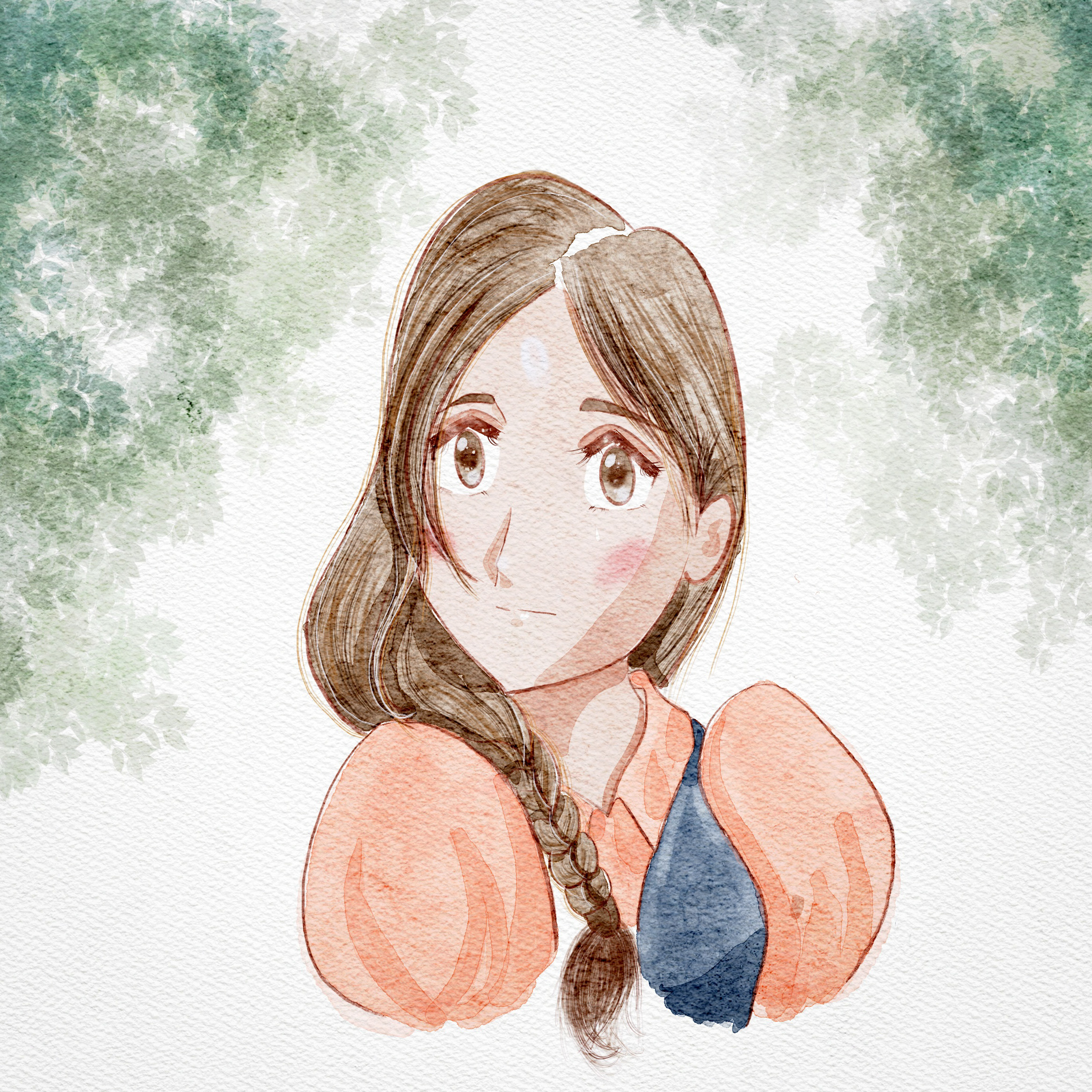 Watercolor illustration of a brown-haired girl with a side braid framed by green leaves