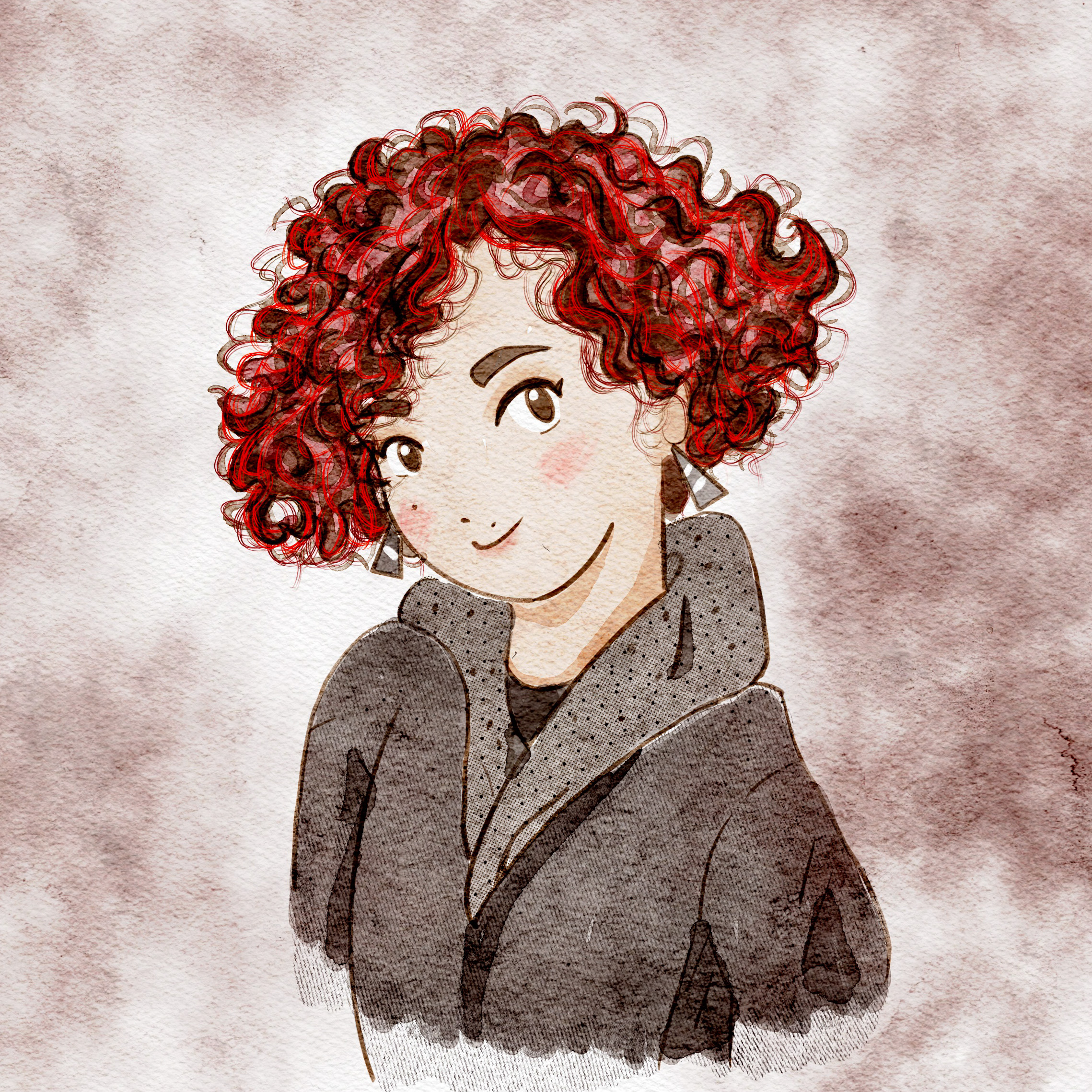 Watercolor illustration of a young woman with red curly hair and a gray jacket