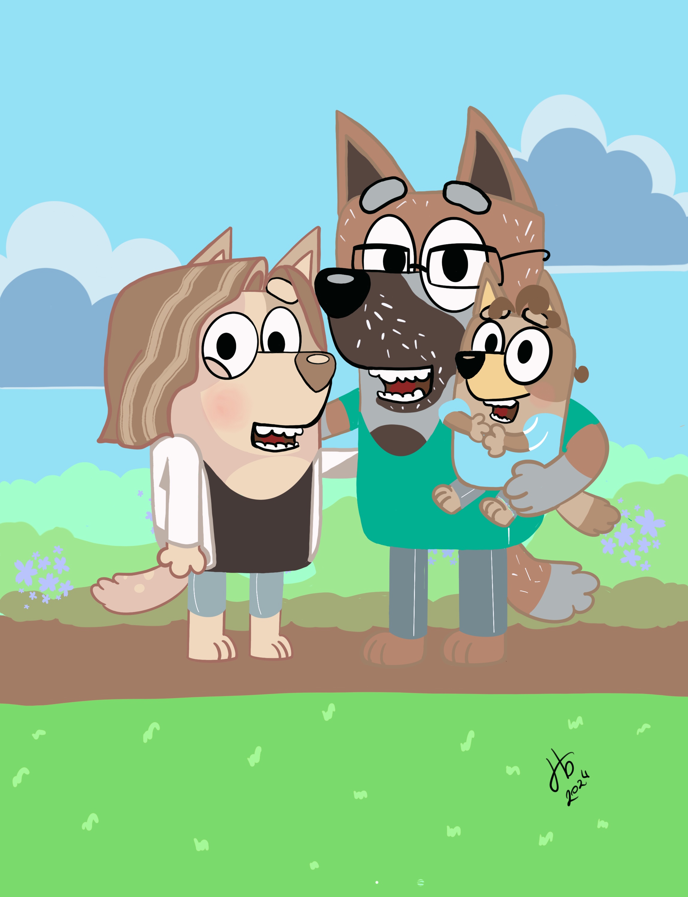 Cartoon family portrait of three figures rendered in the Bluey animation style