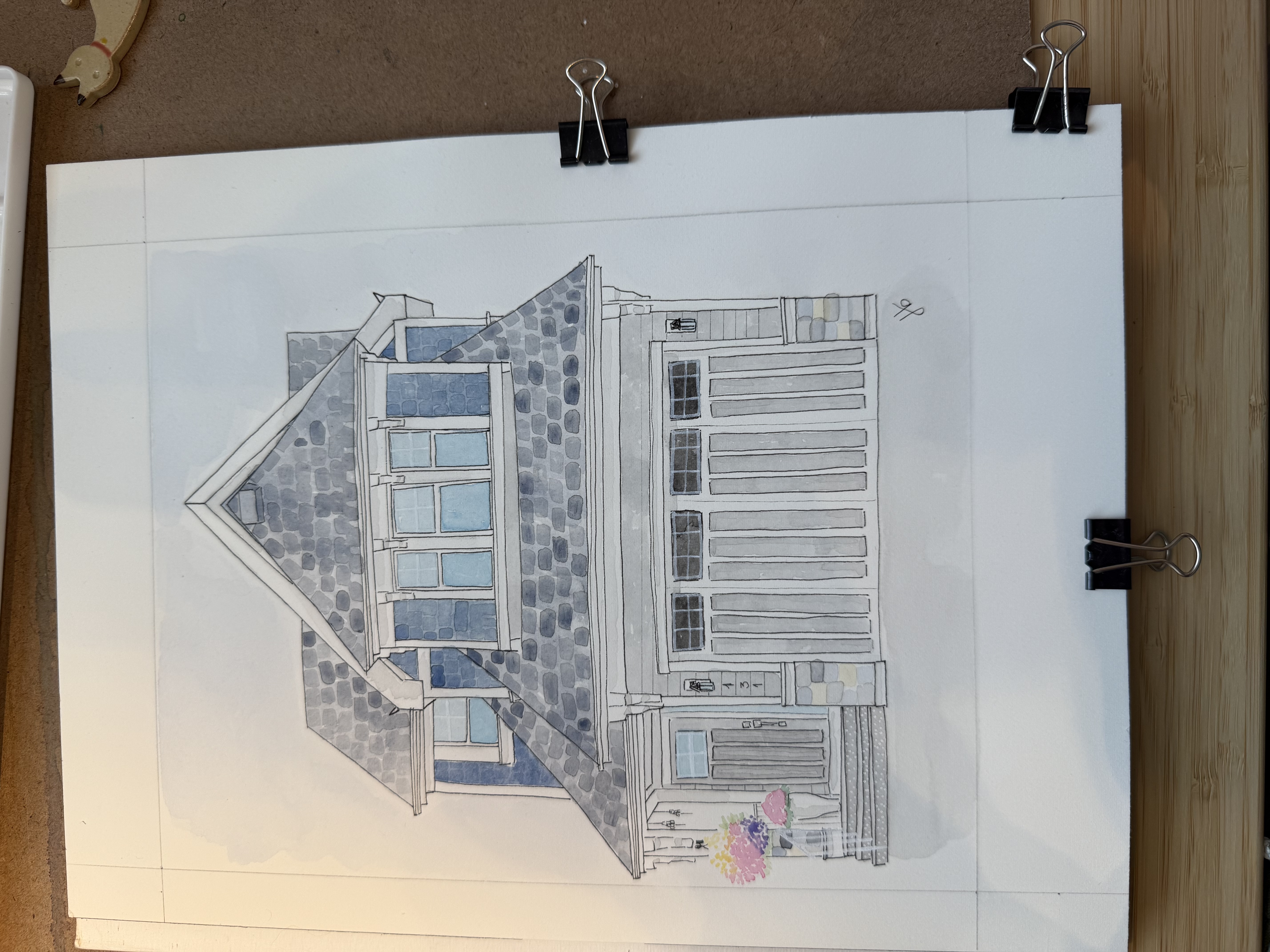 Pen and watercolor architectural rendering of a house