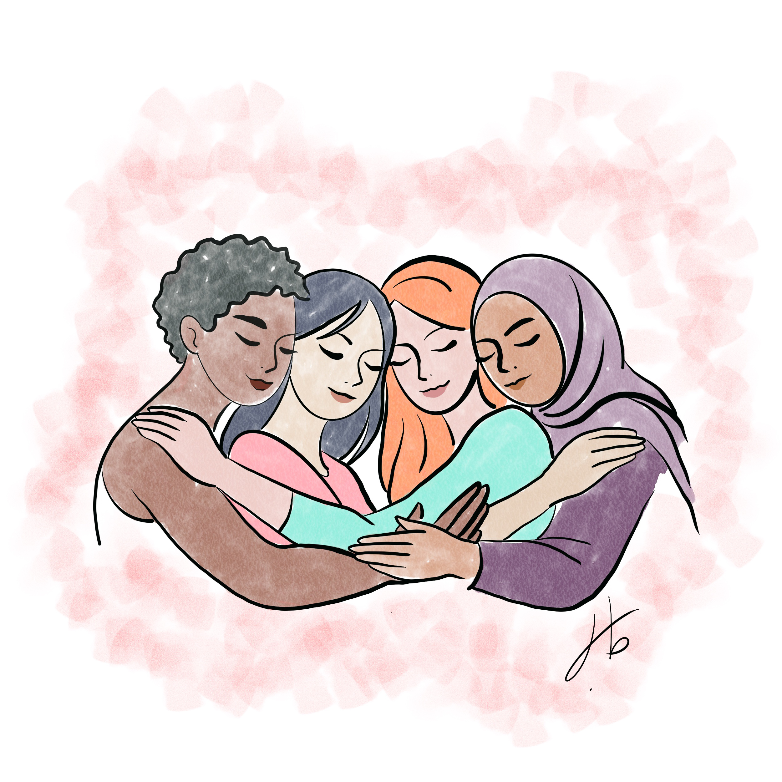 Digital illustration of four women of different backgrounds embracing one another