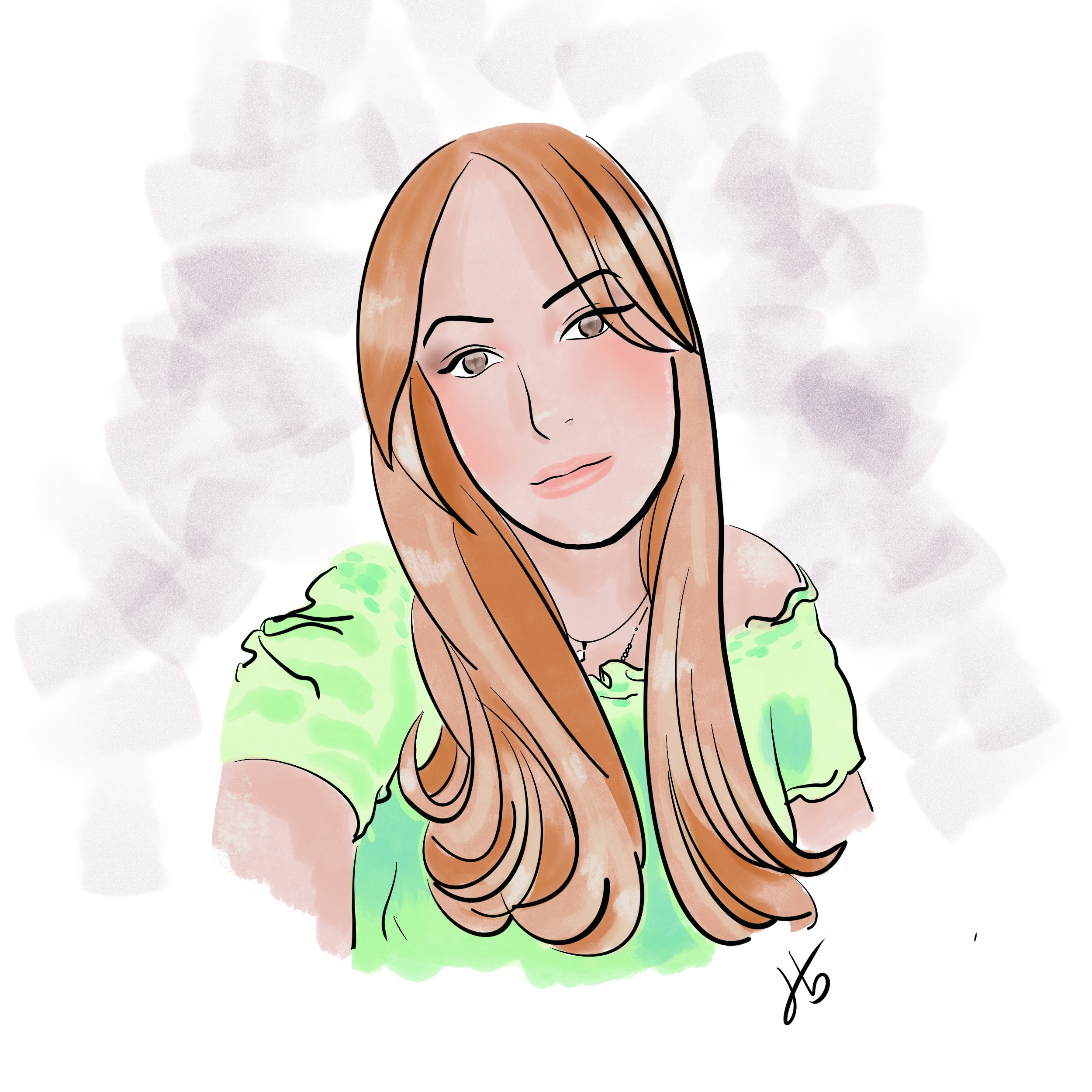Digital illustration portrait of a young woman with long auburn hair and a green peasant top