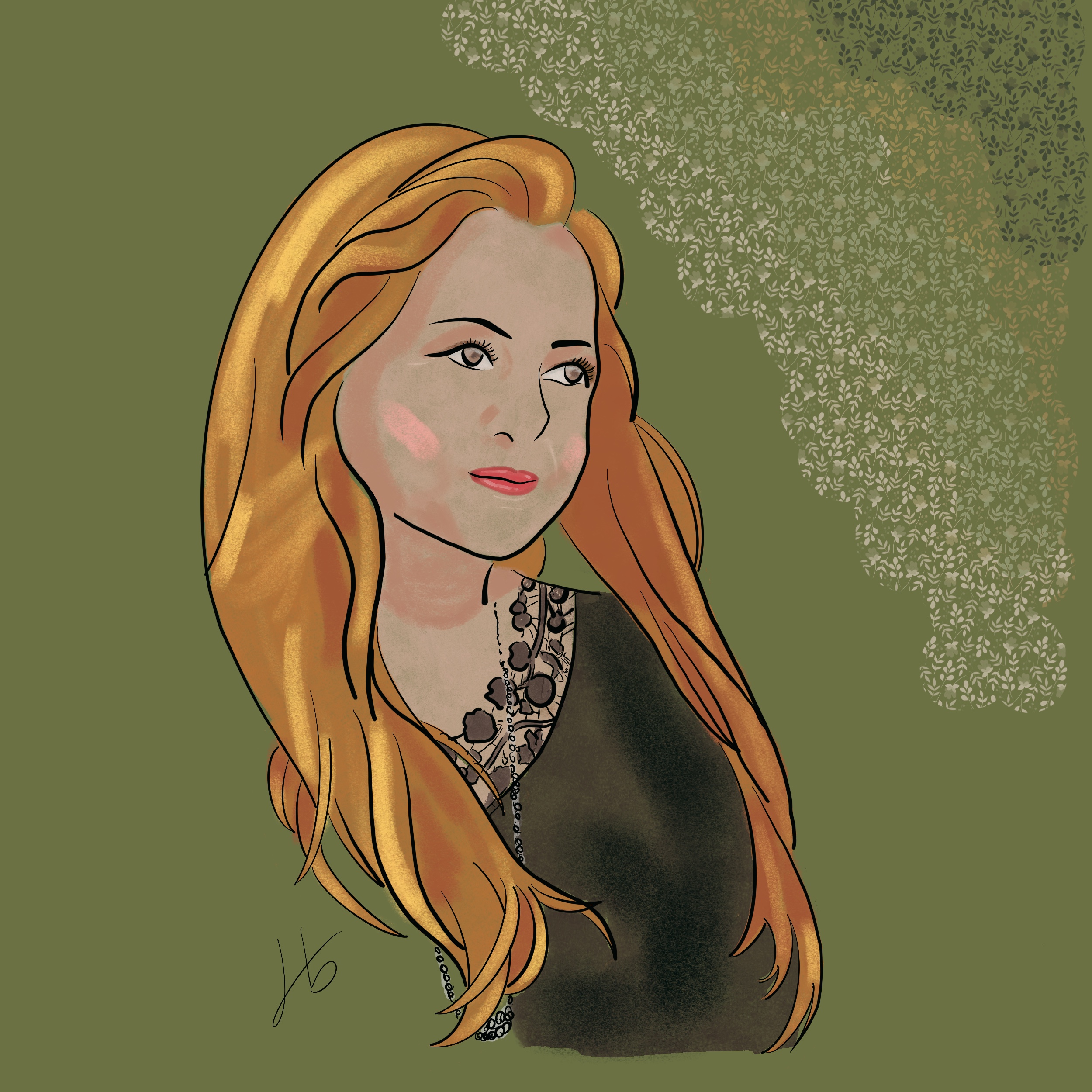 Digital illustration of a woman with long auburn hair on a sage green background