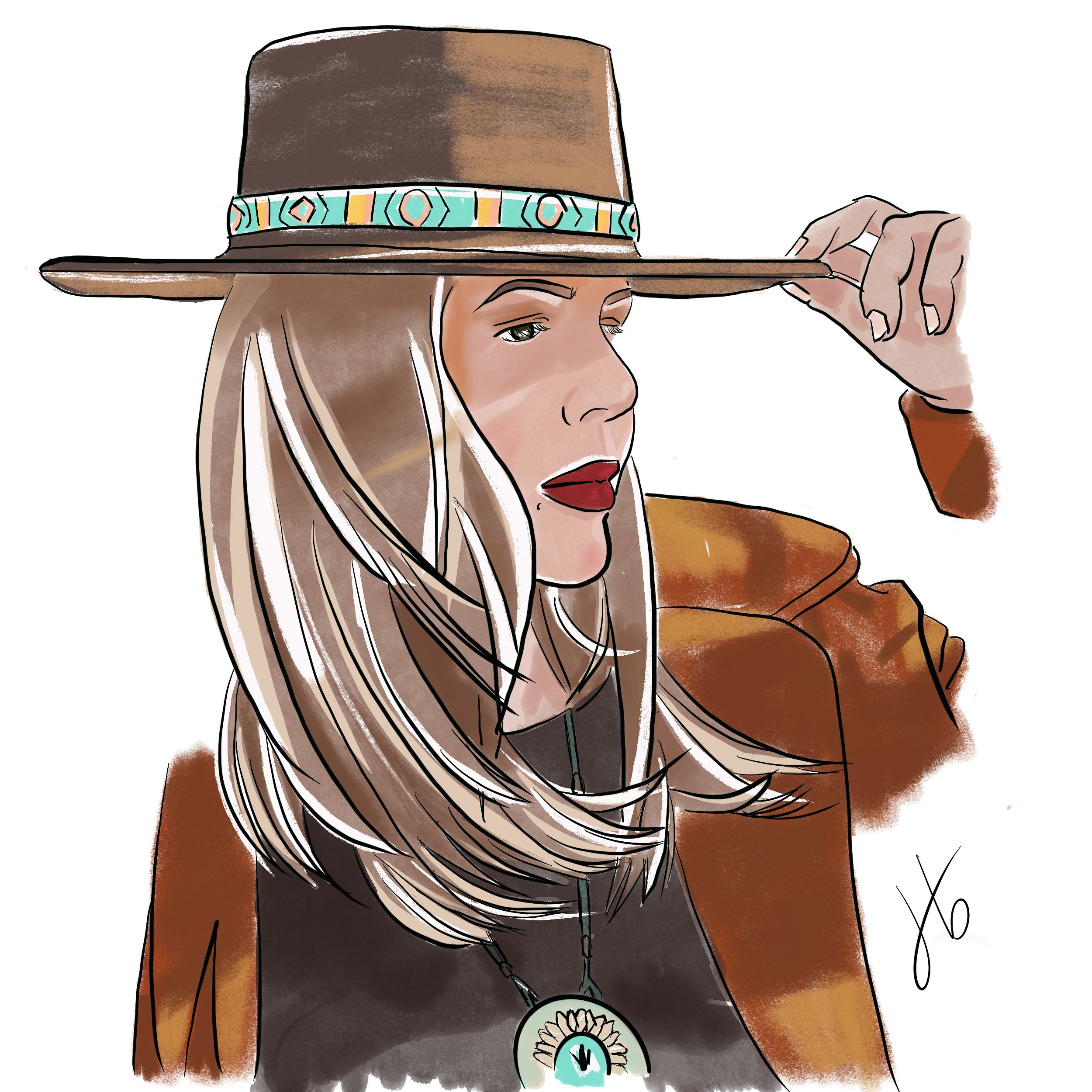 Digital illustration of a woman tipping a wide-brimmed western hat, in earth tones