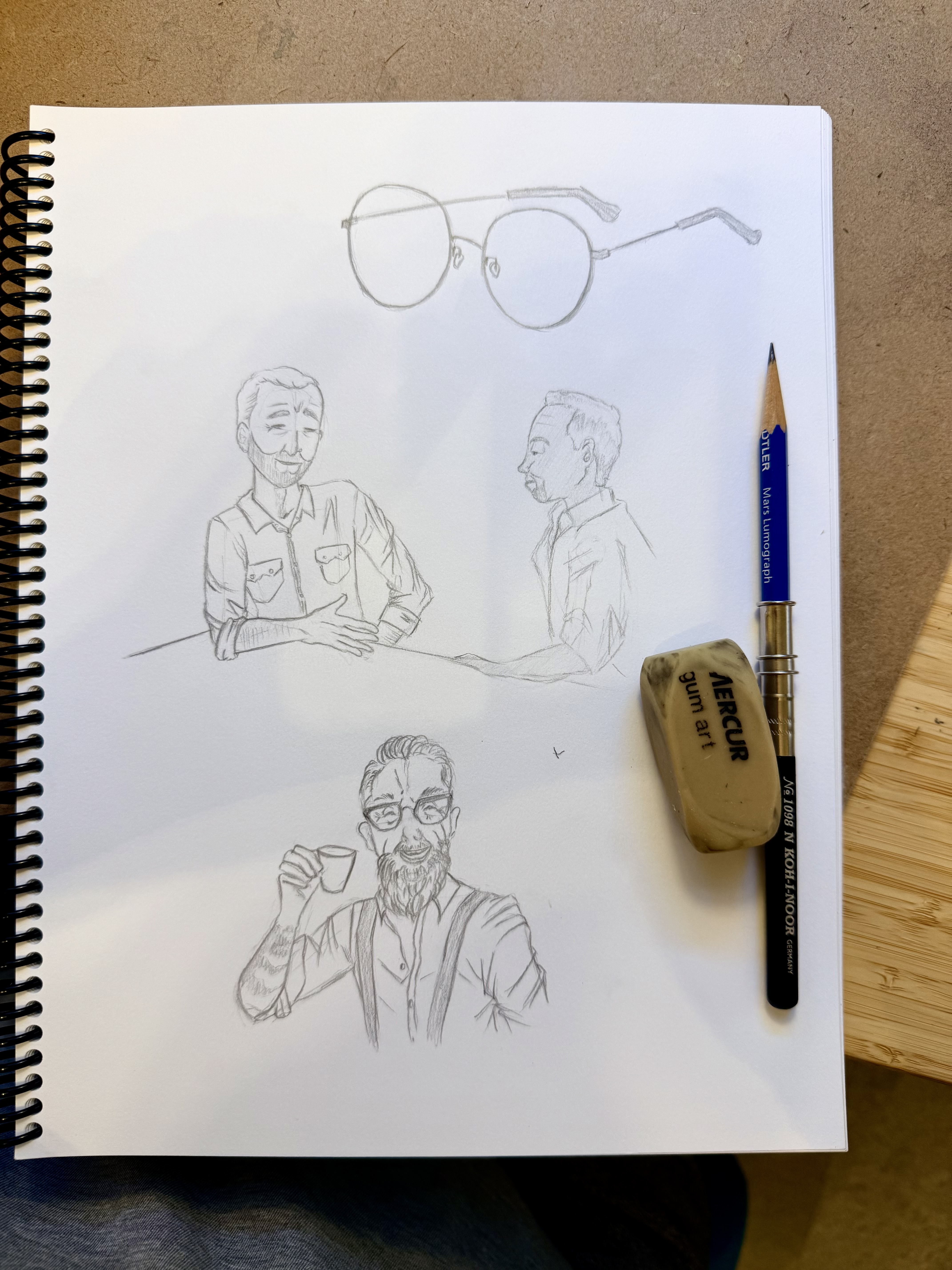 Pencil sketchbook page of men talking